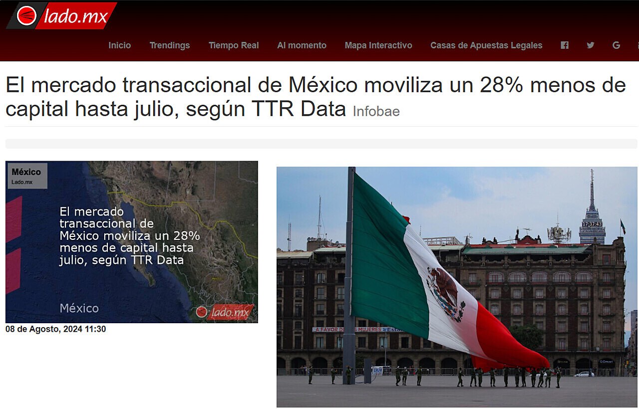 El mercado transaccional de Mxico moviliza un 28% menos de capital hasta julio, segn TTR Data